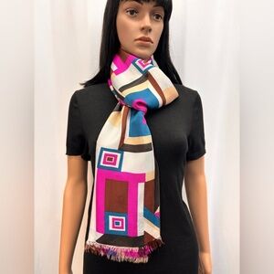 Vibrant Pink and Blue Geometric Scarf with Fringe